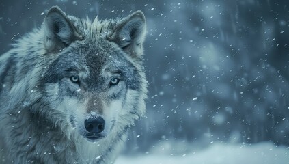 Grey wolf in the snowy forest. Wild animal in winter forest.
