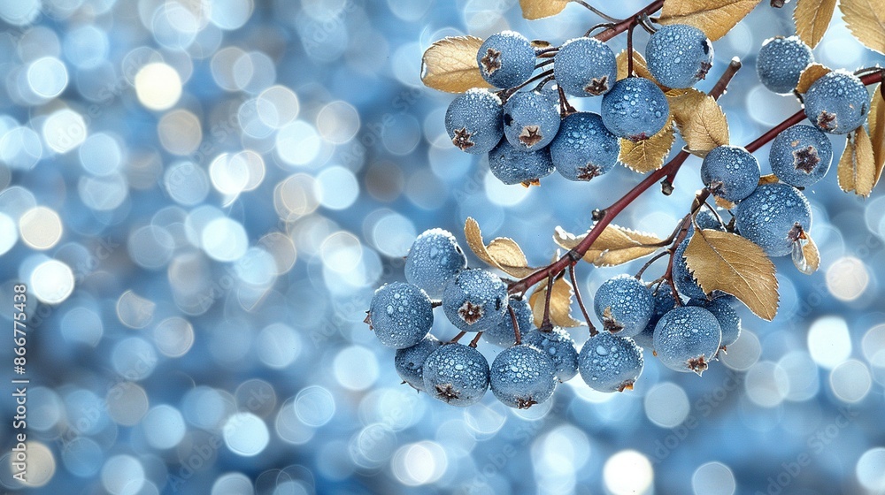 Aufkleber a sharp focus on berries on a branch with a hazy background featuring shades of blue and white light