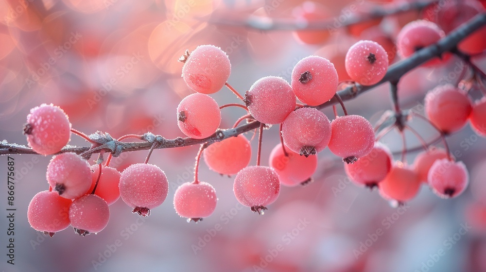 Poster a high-resolution image of a single berry on a tree branch, with droplets of water on the surroundin