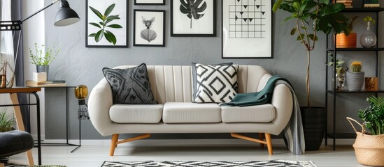 Stylish interior featuring a Scandinavian sofa adorned with a patterned pillow and a gallery of posters in the background.