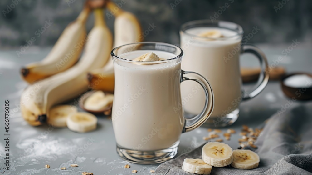 Poster two glasses of banana smoothies with a banana slice on top. generate ai image