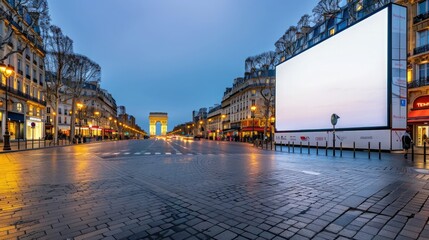 Paris Street at Dusk With Blank Billboard