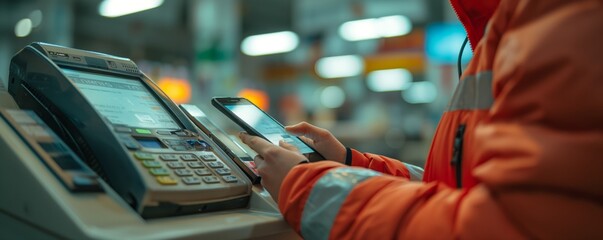 A person wearing an orange jacket uses a smartphone for a contactless payment at a store, demonstrating the convenience of modern technology and digital transactions.