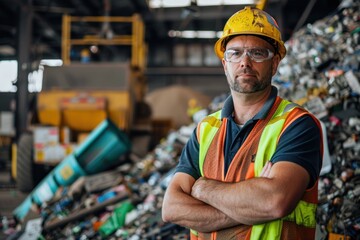 Portrait of an American worker wearing safety gear at a recycling facility, high quality photo, photorealistic, studio lighting, bright environment