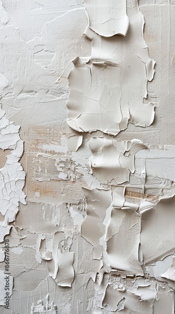Poster white paint is peeling off a wall, revealing layers of beige and white underneath and creating an ab