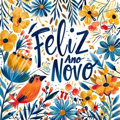 Design an artistic New Year's card template with the words "Feliz Ano Novo" creatively arranged on the front