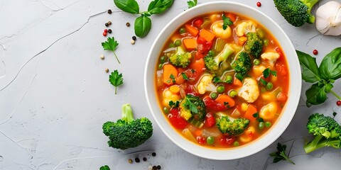 Vegetarian ketopaleo soup with broccoli broth and mixed vegetables as first course. Concept Vegetarian, Ketopaleo, Soup, Broccoli Broth, Mixed Vegetables