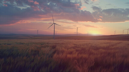 Obraz premium Wind farm field on sunset background. Wind power. Sustainable, renewable energy. Wind turbines generate electricity. Sustainable development. Green technology for energy sustainability