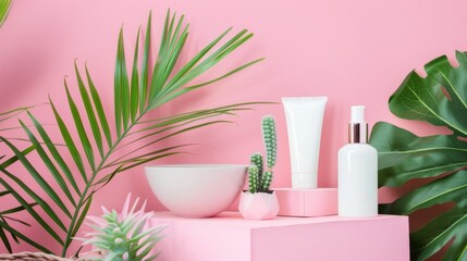 Skincare products with green leaves on pink background