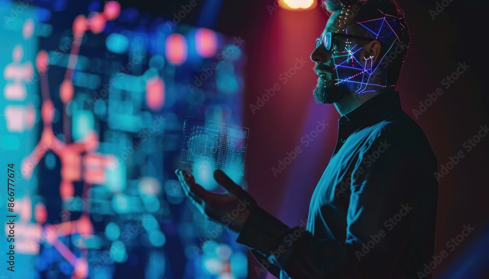 Poster a man engaged in conversation with a humanoid robot during a tech conference attended by an audience