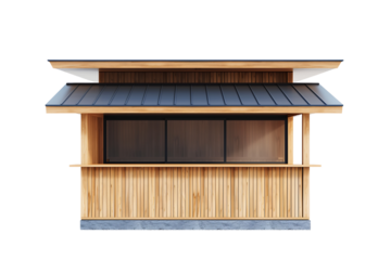 modern wooden market stall with blue roof isolated on transparent background