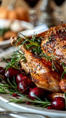 Closeup of a roasted turkey centerpiece with all the trimmings, Thanksgiving Day, Traditional holiday meal and culinary delight