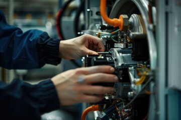 Close-up of a technician's hands adjusting recycling machinery, high quality photo, photorealistic, precise action, well-lit environment