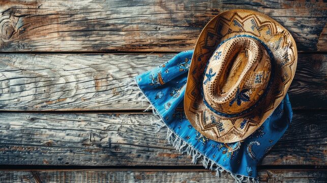 Overhead view of cowboy hat and bandanna on rustic wooden surface