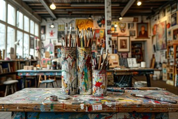 Obraz premium A close-up shot of paintbrushes in cans on a messy table in an artists home studio
