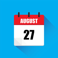August calendar icon. Date number twenty seven. Red and white design. Blue background shadow.
