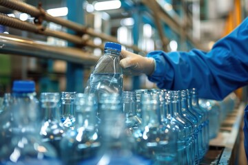 Close-up of an employee's hands sorting glass bottles, high quality photo, photorealistic, precise action, bright environment