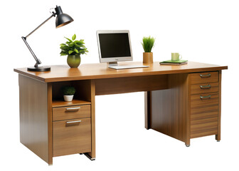 office desk with computer on transparent background