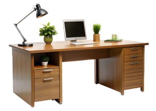 office desk with computer on transparent background