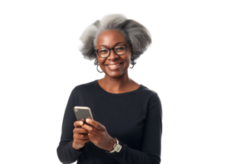 happy mature black woman standing scrolling on her phone isolated on transparent background