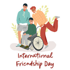 Fototapeta premium World Friendship Day, World disability day. Guy on wheelchair with friends. Flat vector illustration