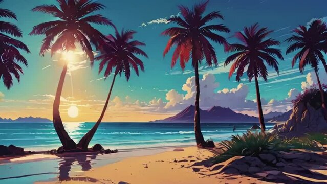 Crystal clear waters, palm trees swaying, and golden sands under a bright sun, lo-fi beat plays Music background, night love rain passion overlay zoom OBS, anime chill hip hop. 4K loop Animation