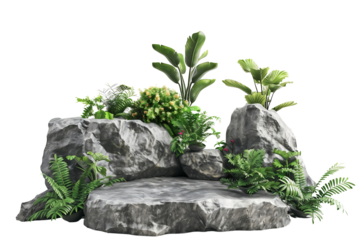 Natural Rough Rock stone podium featuring garden plants isolated on transparent background