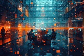 Futuristic Office with Digital Overlay, Cybersecurity Team Working in High-Tech Environment