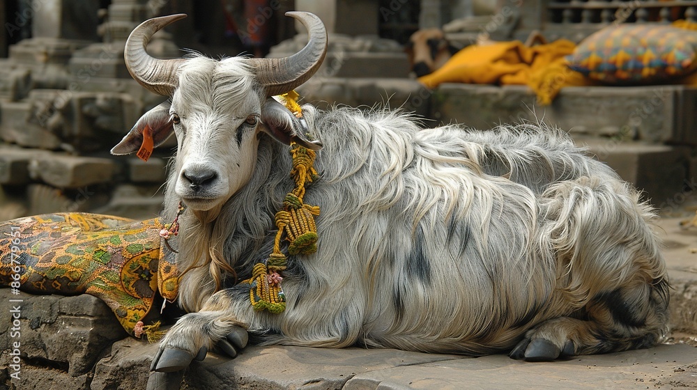Poster a goat resting on a rock beside a building and statue in the backdrop