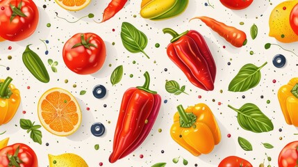 Vibrant Fresh Vegetables and Fruits Pattern with Peppers, Tomatoes, and Citrus