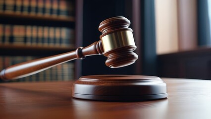A close-up of the judge's gavel is raised above a wooden table.