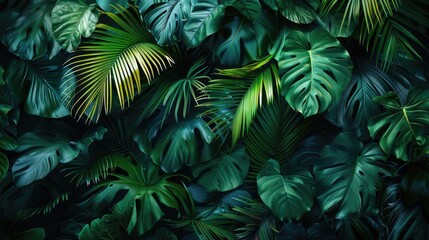 Lush Green Tropical Leaves Background with Vibrant Foliage and Exotic Jungle Plants