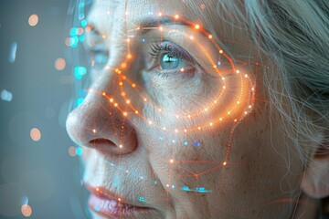 Elderly Woman with Digital Overlay Highlighting Facial Details and Technology Integration
