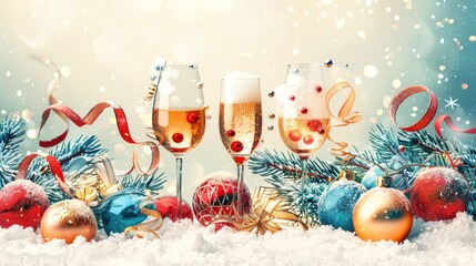 Festive Christmas Celebration with Champagne Glasses and Holiday Decorations in Snowy Setting