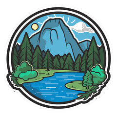 Fototapeta premium landscape with mountains, trees and moon. Camping in the woods. Camper on the road. Travel concept. Isolated white background