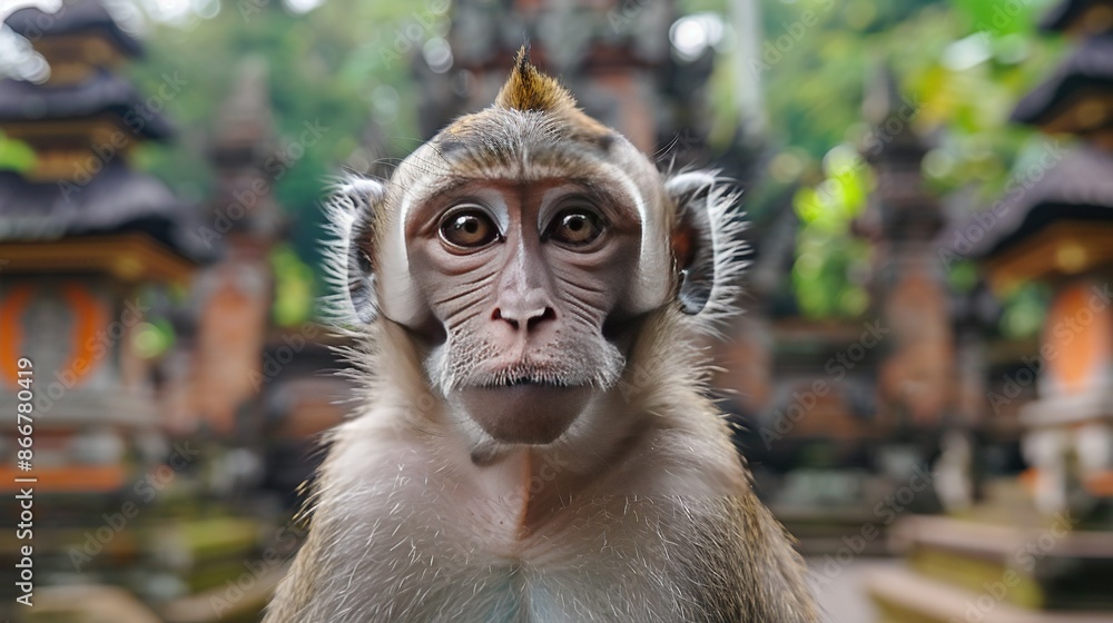 Poster a monkey with focused gaze towards the camera, surrounded by blurred trees and buildings in the back