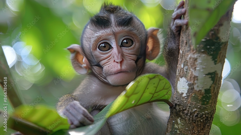 Poster monkey on tree branch with leaf in front of face and looking at camera