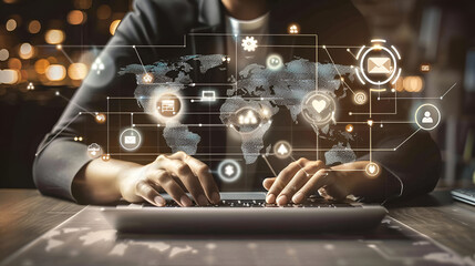 Digital marketer on laptop with world map, social media icons, and marketing dashboard, highlighting global connectivity and impact