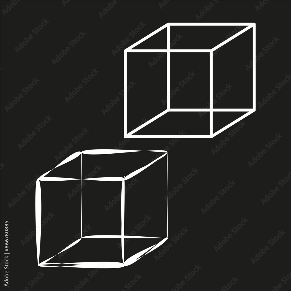 Poster 3d cube icons. geometric shapes. white lines vector. black background style.