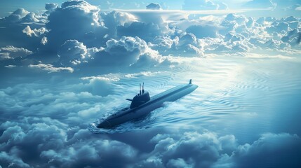 Naklejka premium Cloud Submarine: Ethereal Vessel in the Sky Ocean with Cirrus Cloud Ripples