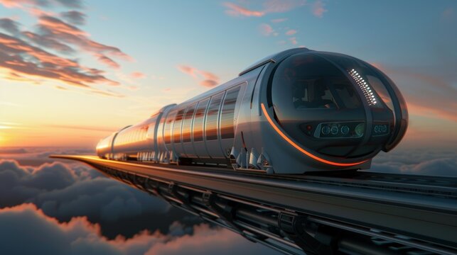 Cloud-formed futuristic hyperloop train streaking across a dawn sky, illustrating next-gen transportation.