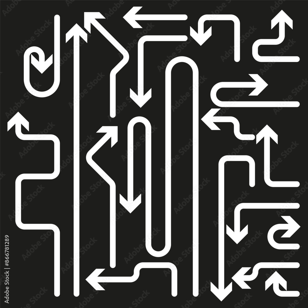 Poster Abstract arrow pattern. White arrows maze. Black background design. Vector illustration.