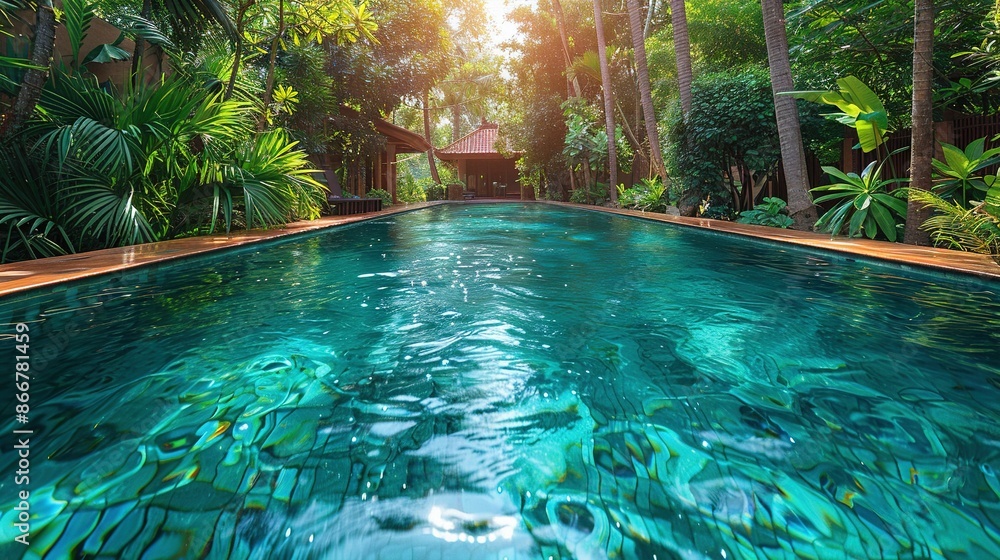 Poster a pool enclosed by verdant trees and a gazebo opposite it on the other side