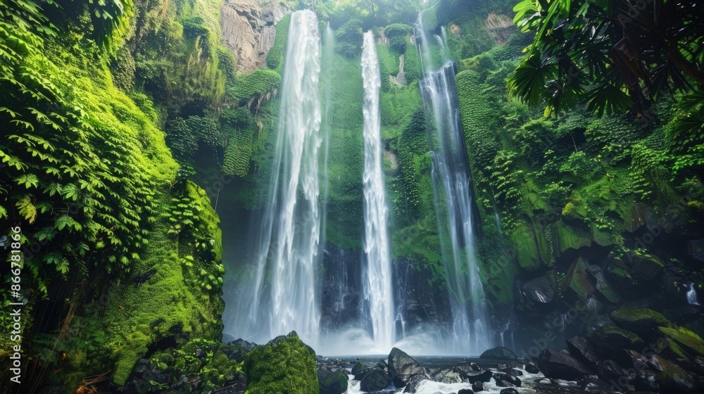 Poster a waterfall with three streams of water. generate ai image