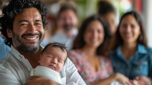 Man holding baby in front of group