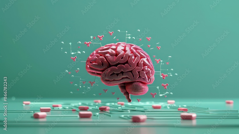 Poster a brain with pink and red colors is surrounded by pills. concept of chaos and disorder
