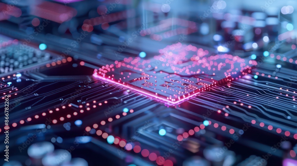 Poster A computer chip with a red square on it. The chip is surrounded by a blue background