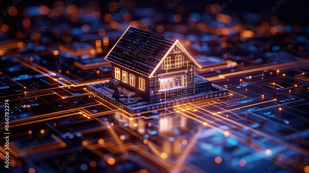 Poster A house is built on top of a computer chip. The house is lit up with lights and is surrounded by a network of wires. Concept of technology and innovation, as well as a futuristic and modern aesthetic
