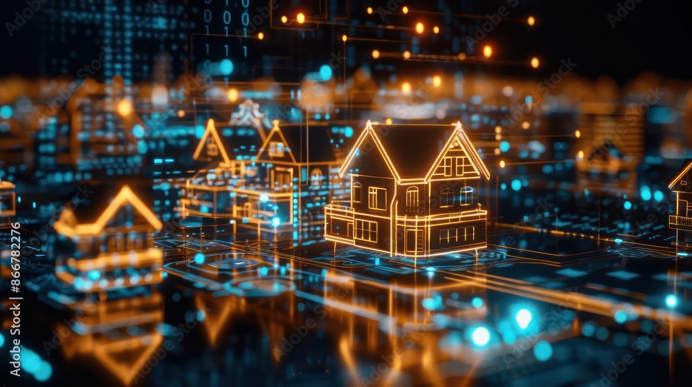 Poster a cityscape with houses lit up in orange and blue. the houses are all different sizes and shapes, an