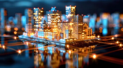 Fototapeta premium A cityscape with a lot of lights and reflections on the water. The city is lit up and the reflection of the lights on the water creates a sense of depth and movement